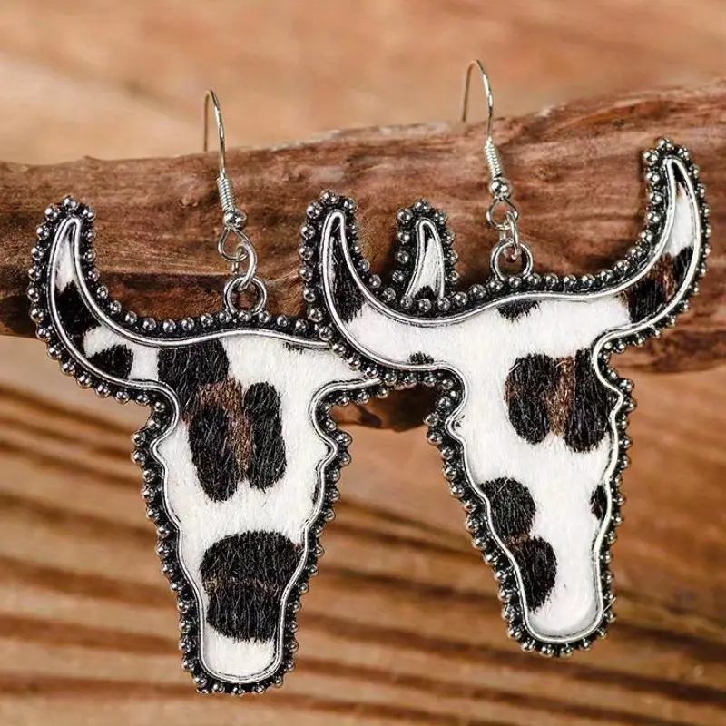 Cow Print Bull Skull Earrings