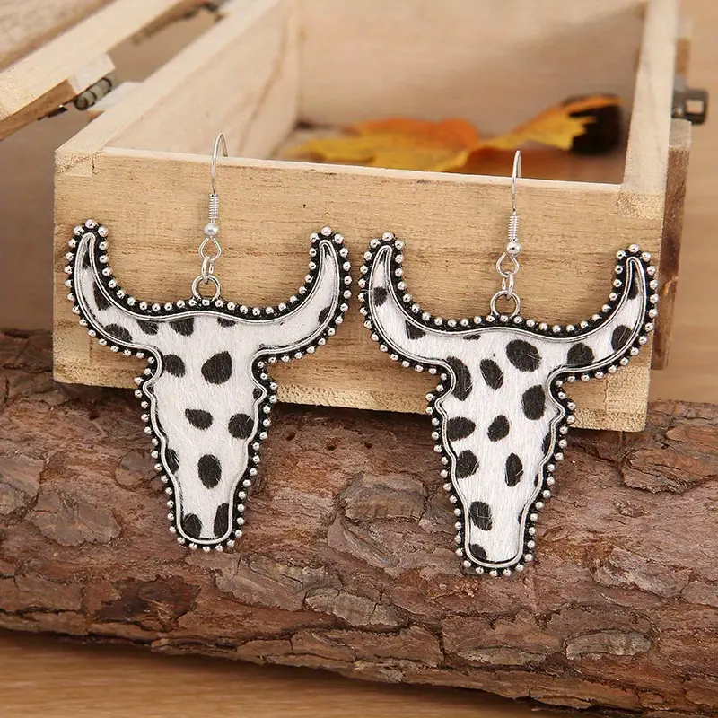 Cow Print Bull Skull Earrings