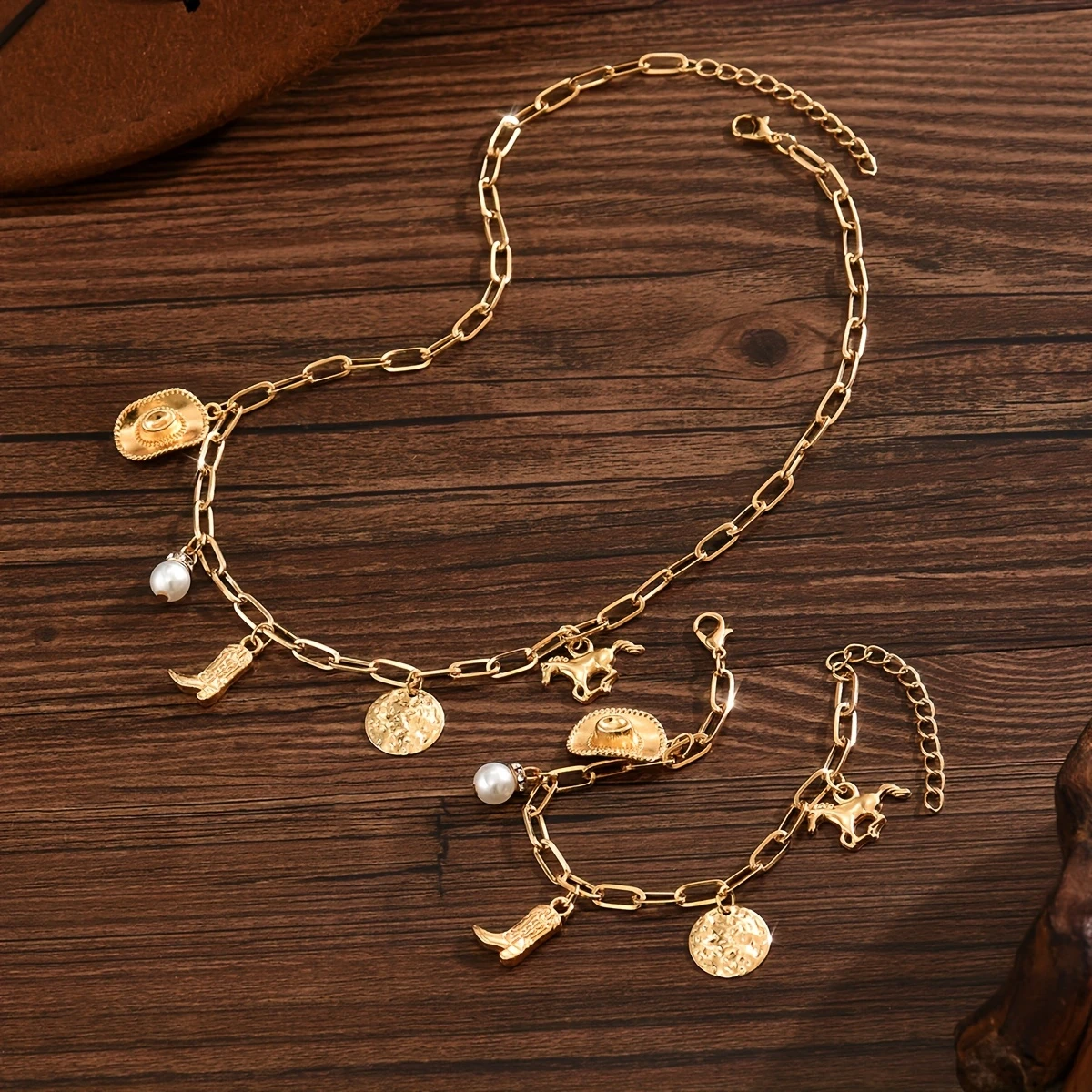 Gold Charm Necklace and Bracelet Set