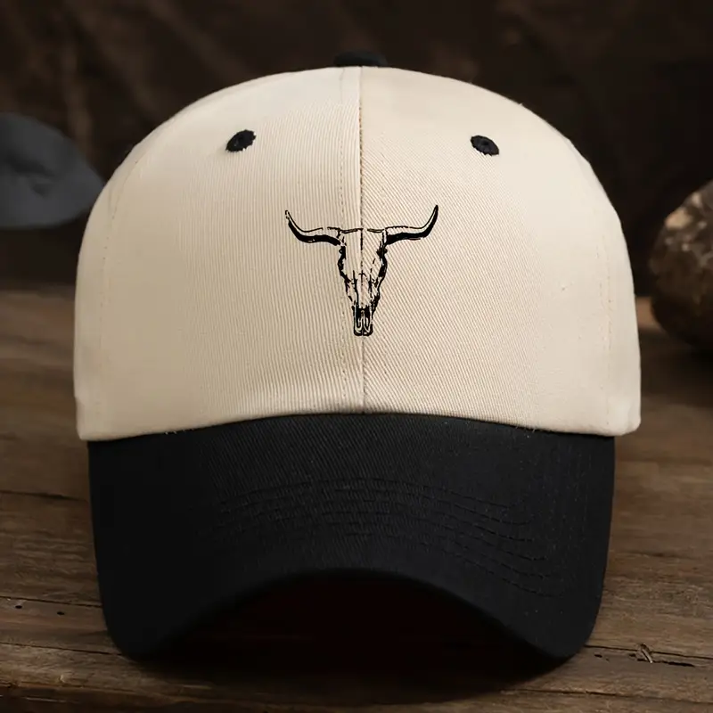 Beige and Black Cap with Bull Skull 