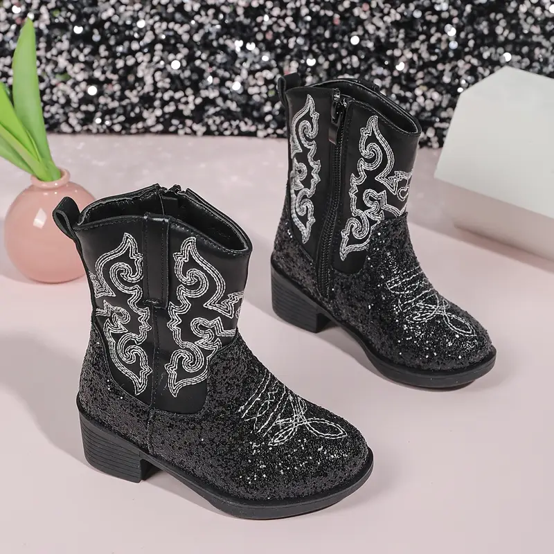 Girls Glitter Black Western Boots