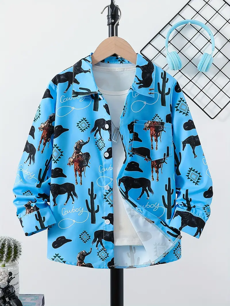 Boys Long Sleeve Button Up Cowboy-Themed Shirt