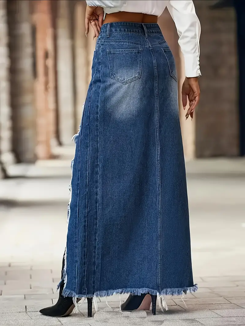 Distressed Uneven High-Slit Denim Skirt