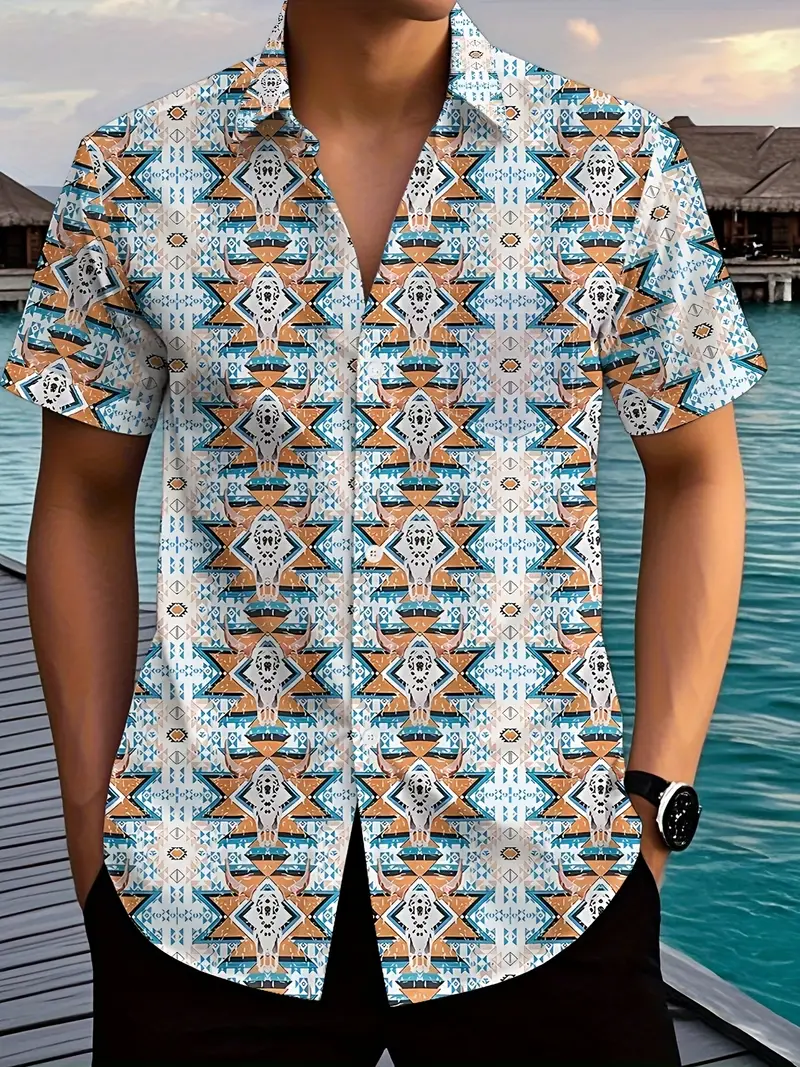 Men's Geometric Short Sleeve Button Up Shirt 