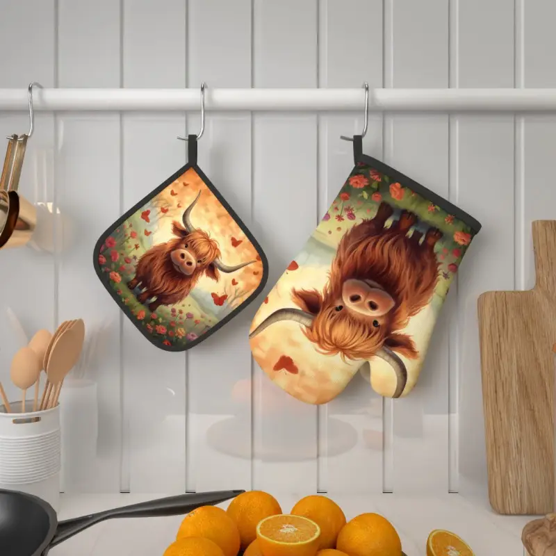 Highland Cow Kitchen Oven Mitt and Pot Holder Set