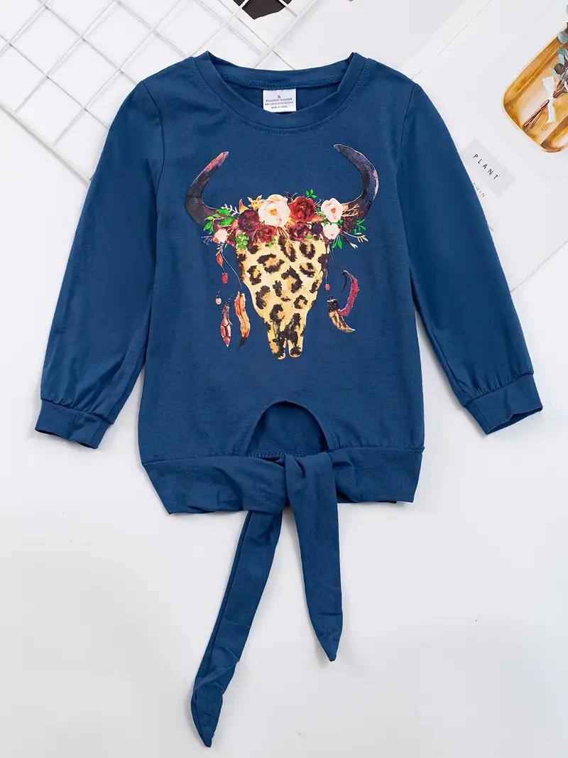 Girls Blue Long Sleeve Shirt with Bull Skull Design