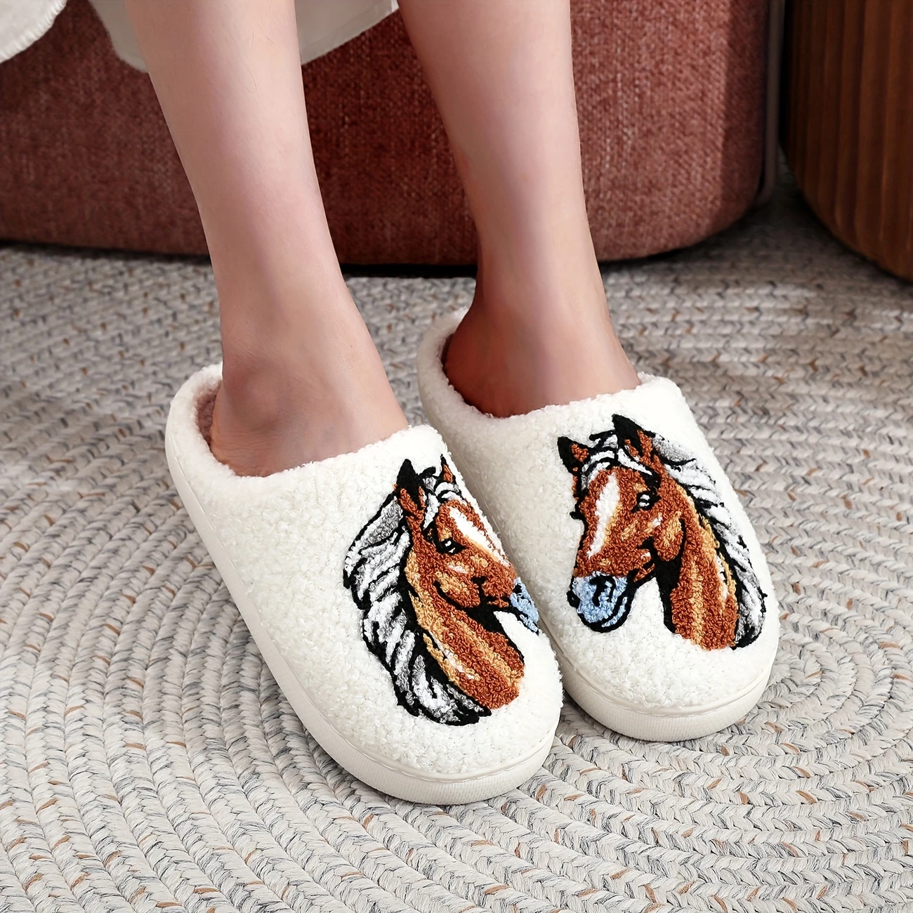Cozy Horse Embroidered Slippers