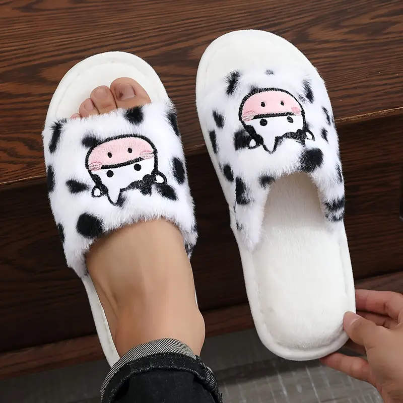 Fuzzy Cow Print Slippers