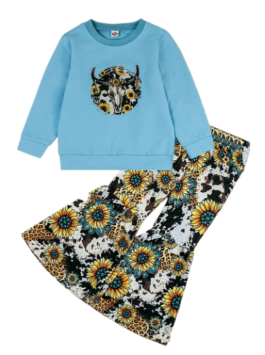 Girls Blue Cow Floral Outfit