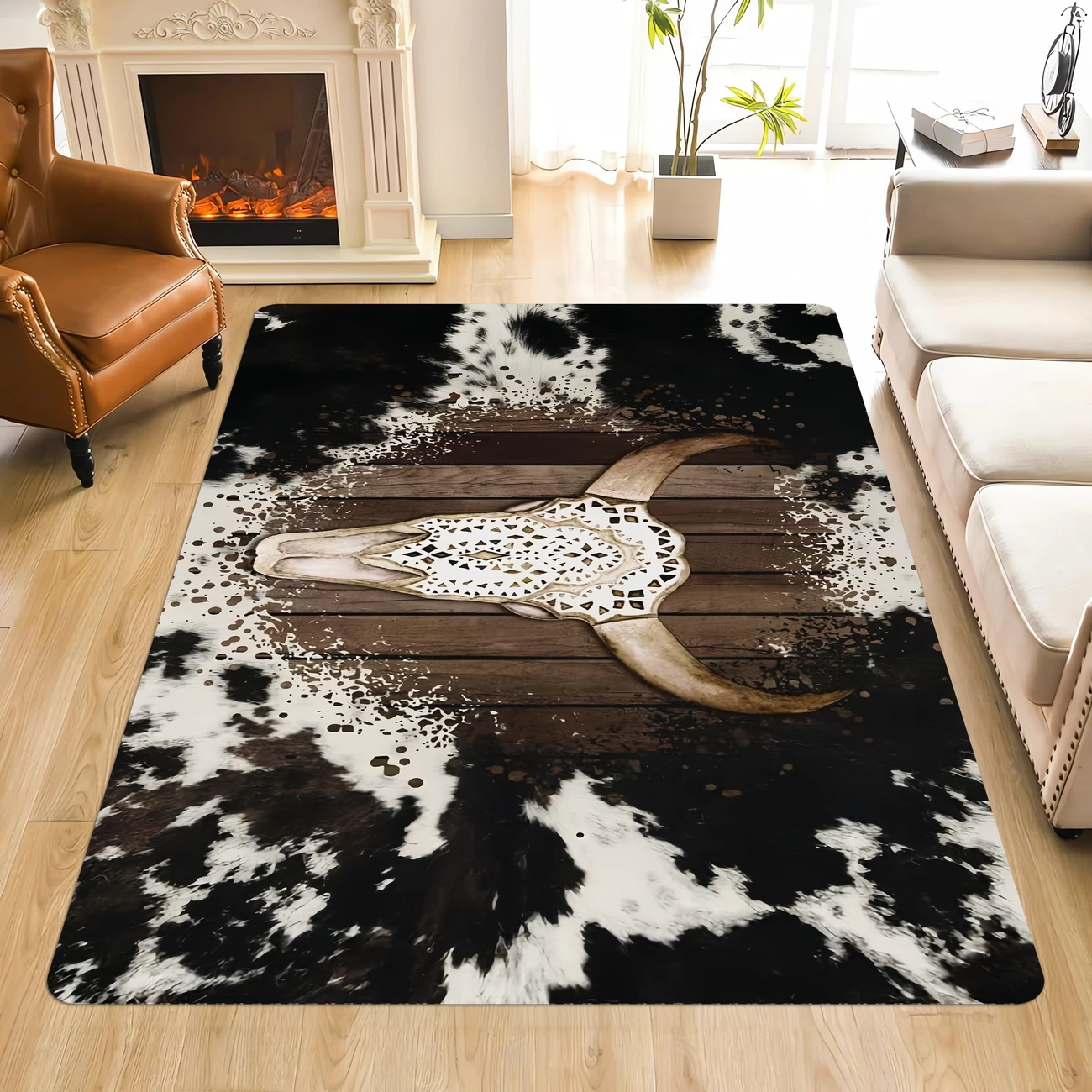 Black Pattered Bull Skull Area Rug