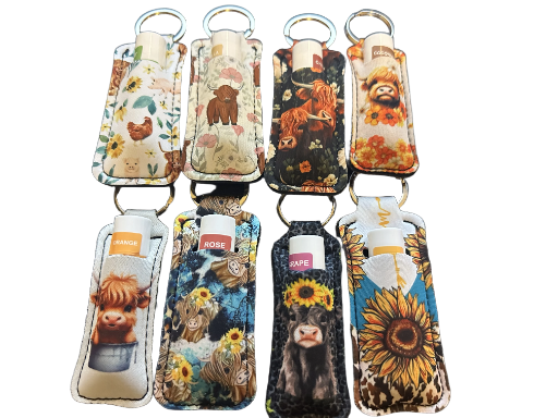 Key Ring Floral and Cow Print Lip Balm Holders