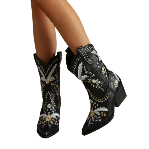 Ladies Black Floral Embroidered Cowgirl Boots