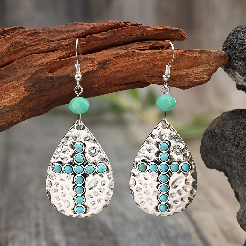 Teardrop Cross Turquoise Earrings