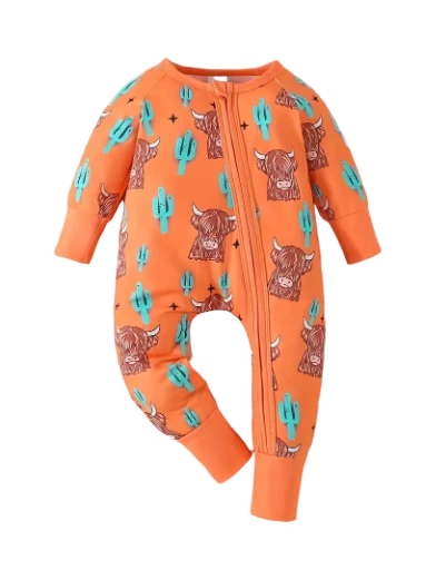 Orange Baby Romper with Cactus and Cow Print