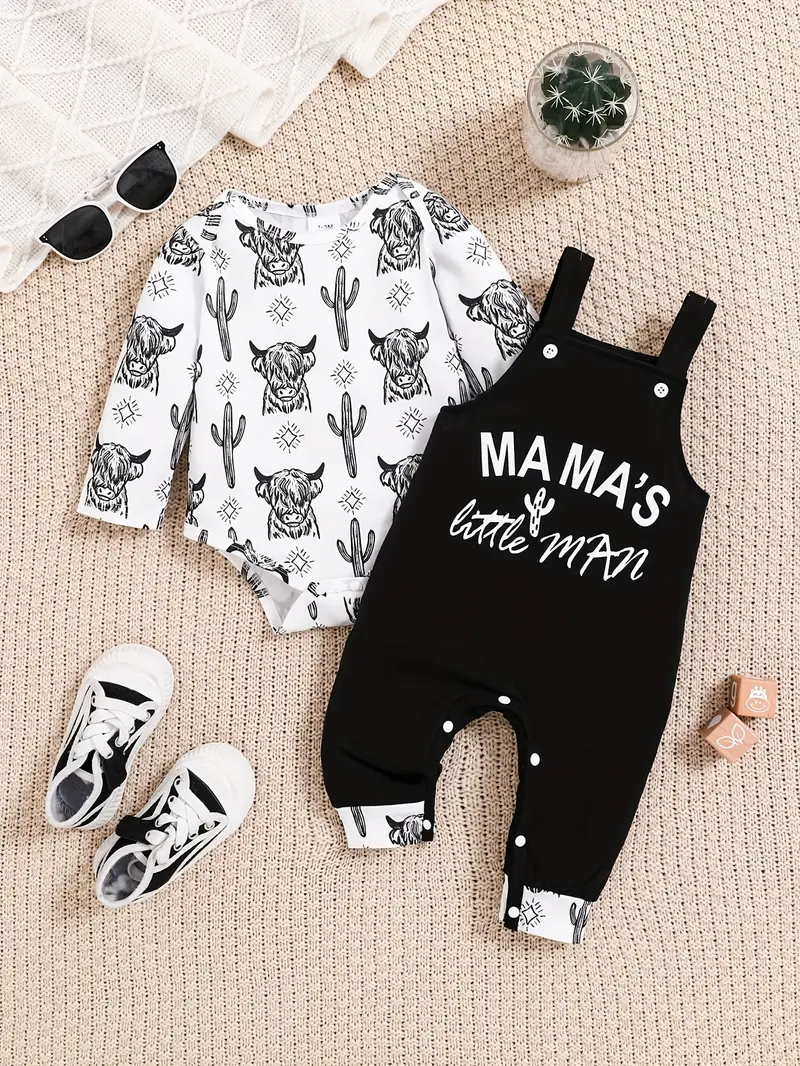 Mama's Little Man Baby Long Sleeve Romper and Overalls Set