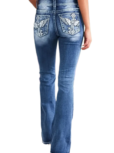 Ladies Embroidered Flare Cross wing Jeans