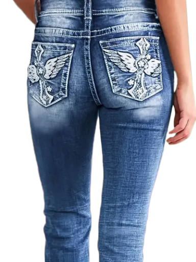Ladies Embroidered Flare Cross wing Jeans