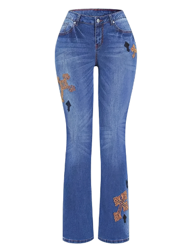 Ladies Embroidered Cross Flare Jeans