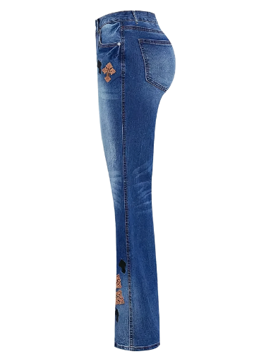 Ladies Embroidered Cross Flare Jeans
