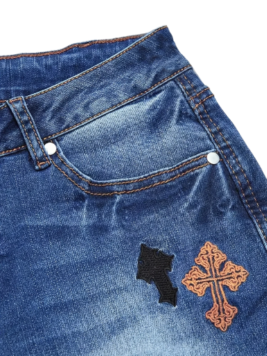 Ladies Embroidered Cross Flare Jeans