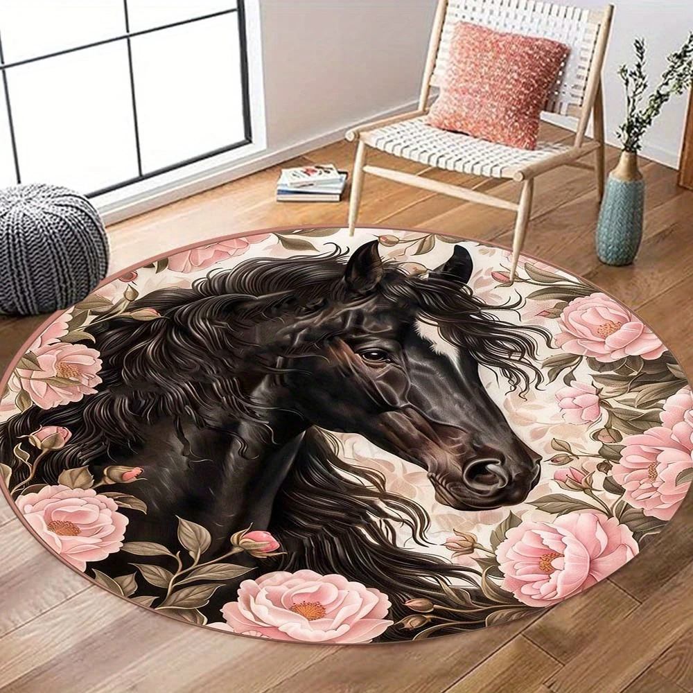 Round Floral Horse Print Rug