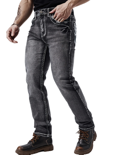 Men's Black Embroidered Jeans