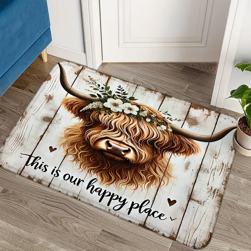 Highland Cow Happy Place Welcome Mat