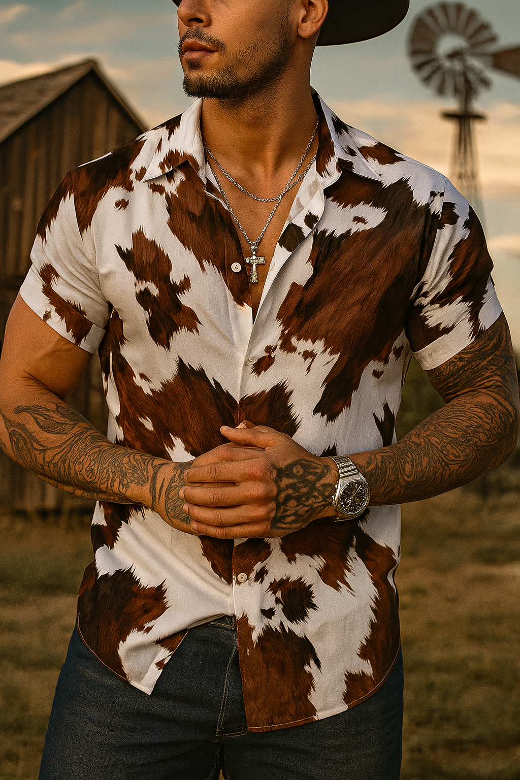 Cow Print Short Sleeve Button Up Shirt