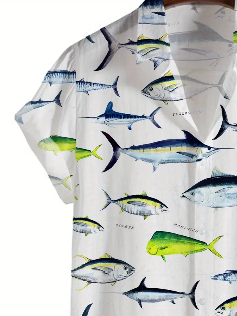 Men's Fishing Print Short Button Up Shirt