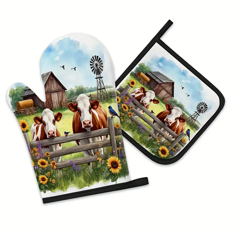 Farmhouse Cow Oven Mitt and Pot Holder Set