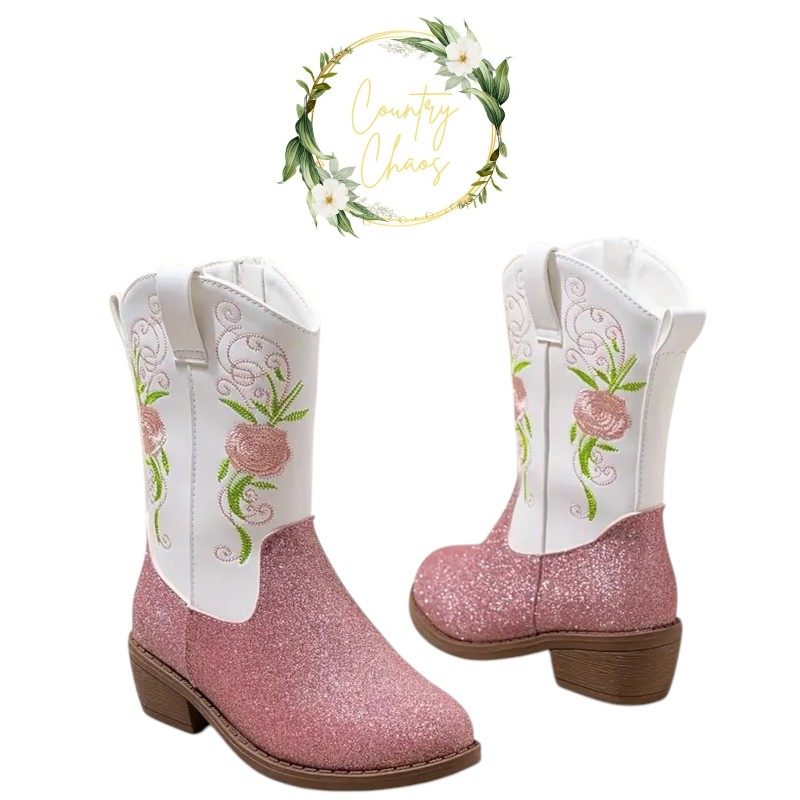 Girls Pink Glitter Boots With Floral Embroidery 