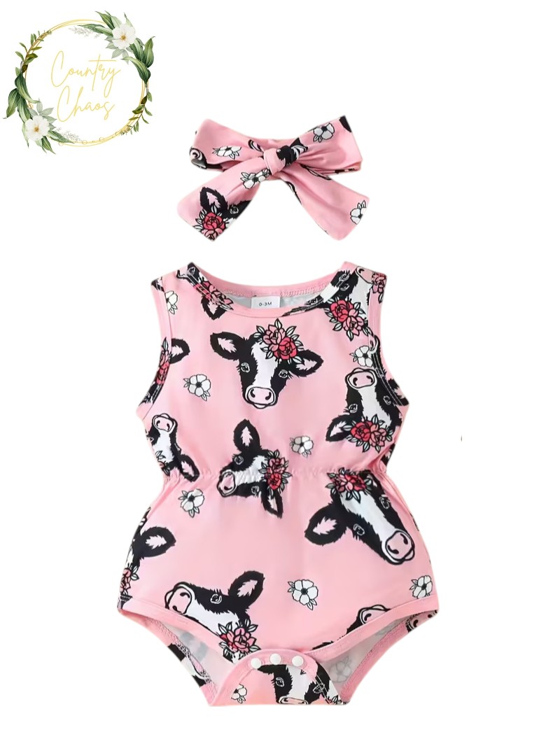 Baby Cow Print Romper with Headband