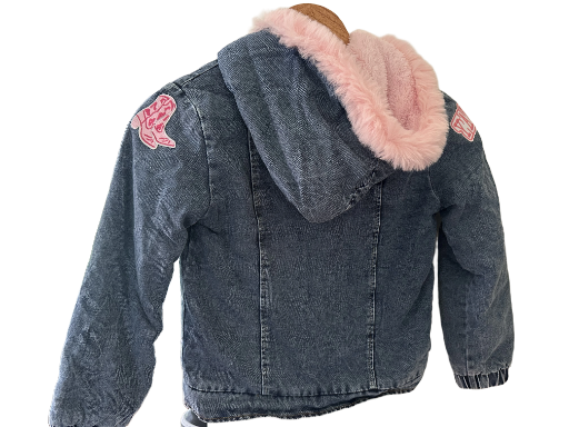 Girls One Of A Kind denim jacket with pink fur lining
