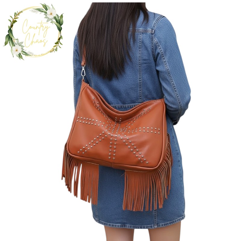 Brown Fringe Studded Shoulder Bag