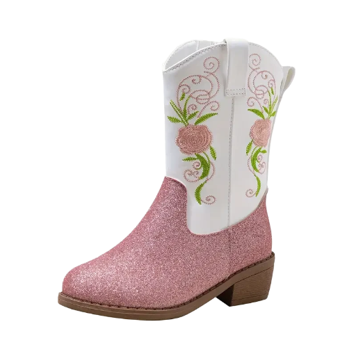 Girls Pink Glitter Boots With Floral Embroidery 
