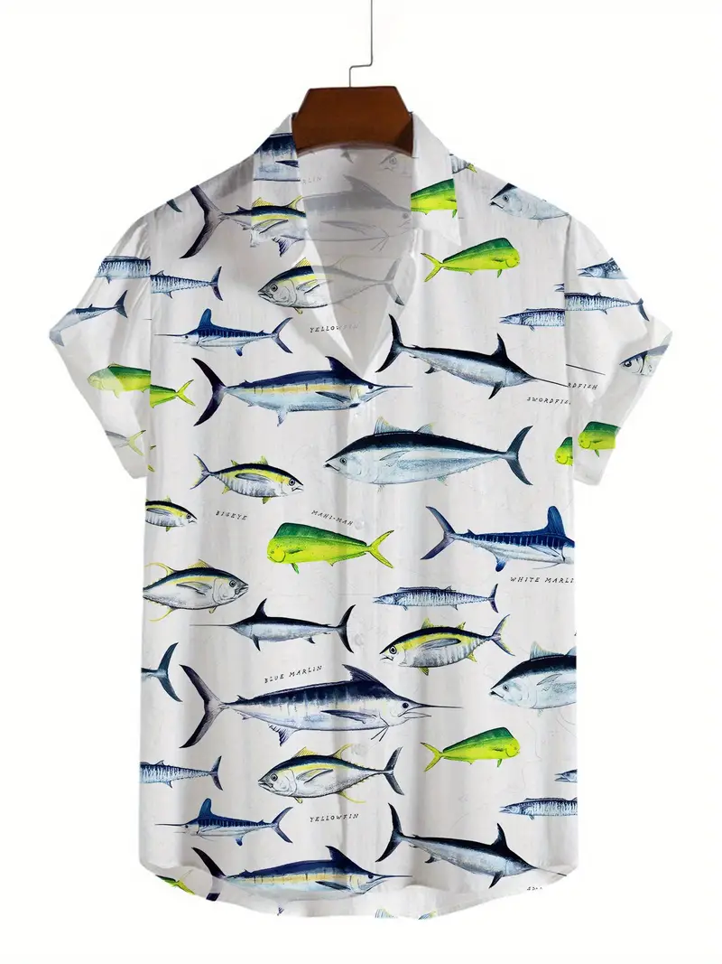 Men's Fishing Print Short Button Up Shirt