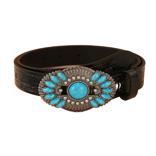 Ladies Black Belt with Turquoise Buckle