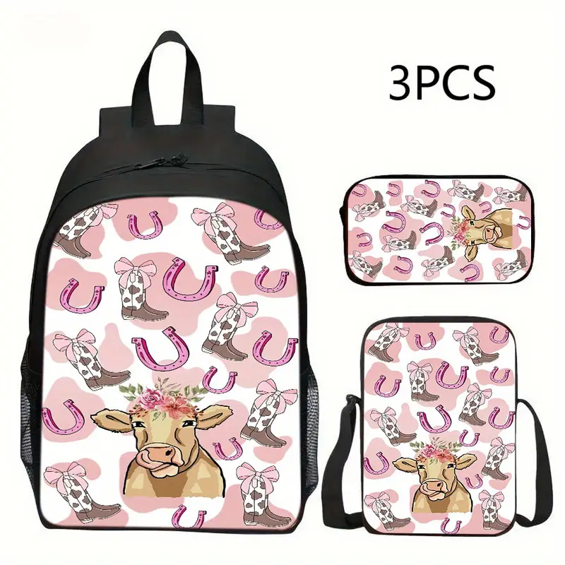 3 Piece Cow Print Backpack Set