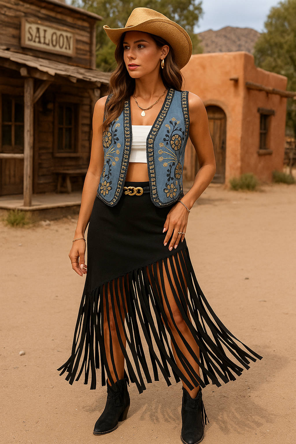 Black Fringe Skirt With Gold Chain Detail