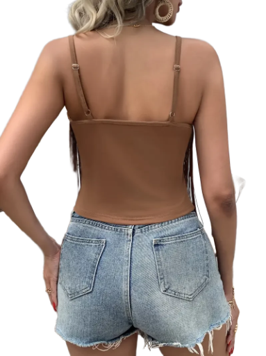 Brown Fringe Crop Tank Top