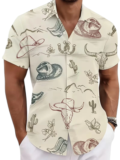 Mens Western Cowboy Print Button Up Shirt