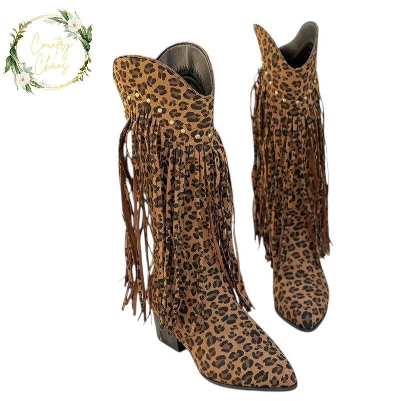 Leopard Print Fringe Cowboy Boots