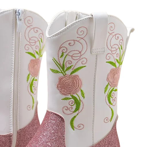 Girls Pink Glitter Boots With Floral Embroidery 
