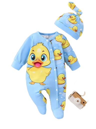 Blue Baby Duck Print Romper Set