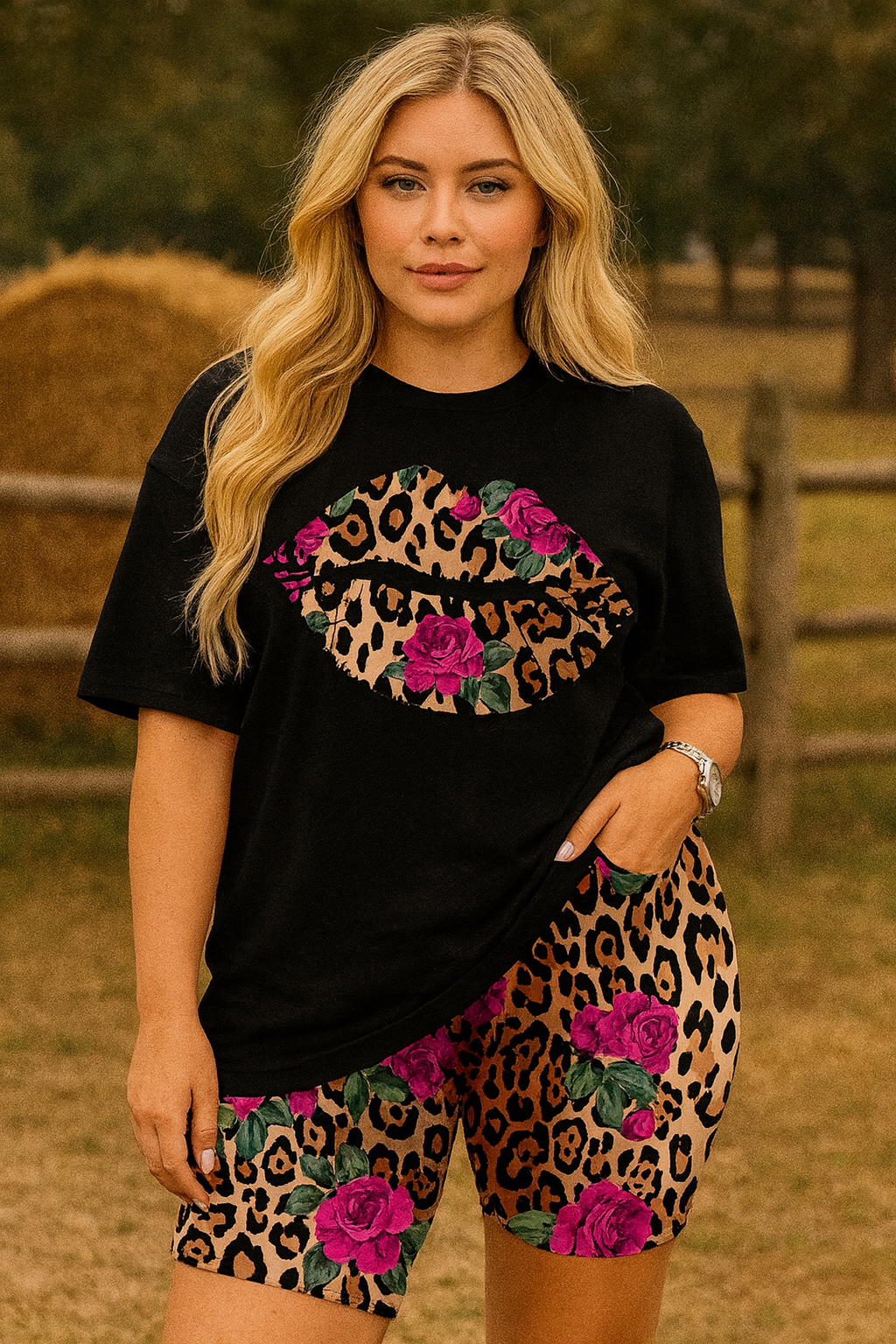 Women's Country Graphic T-Shirts & Bike Pant Sets