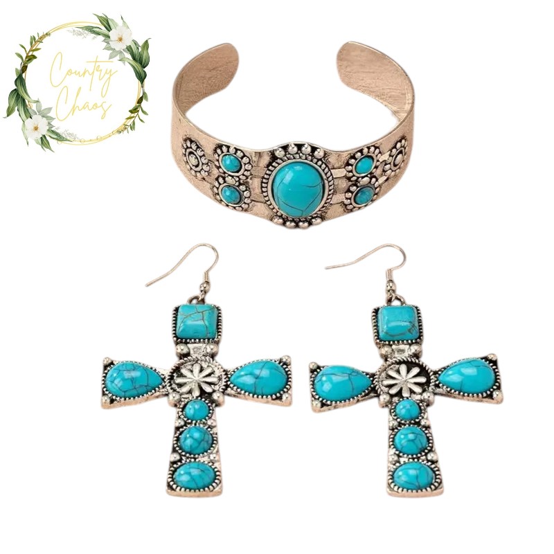 Turquoise Cross Earrings And Cuff Set