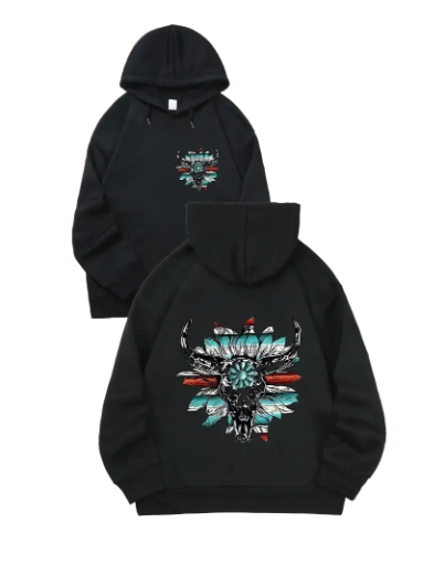 ladies Bull Skull Floral Graphic Hoodie