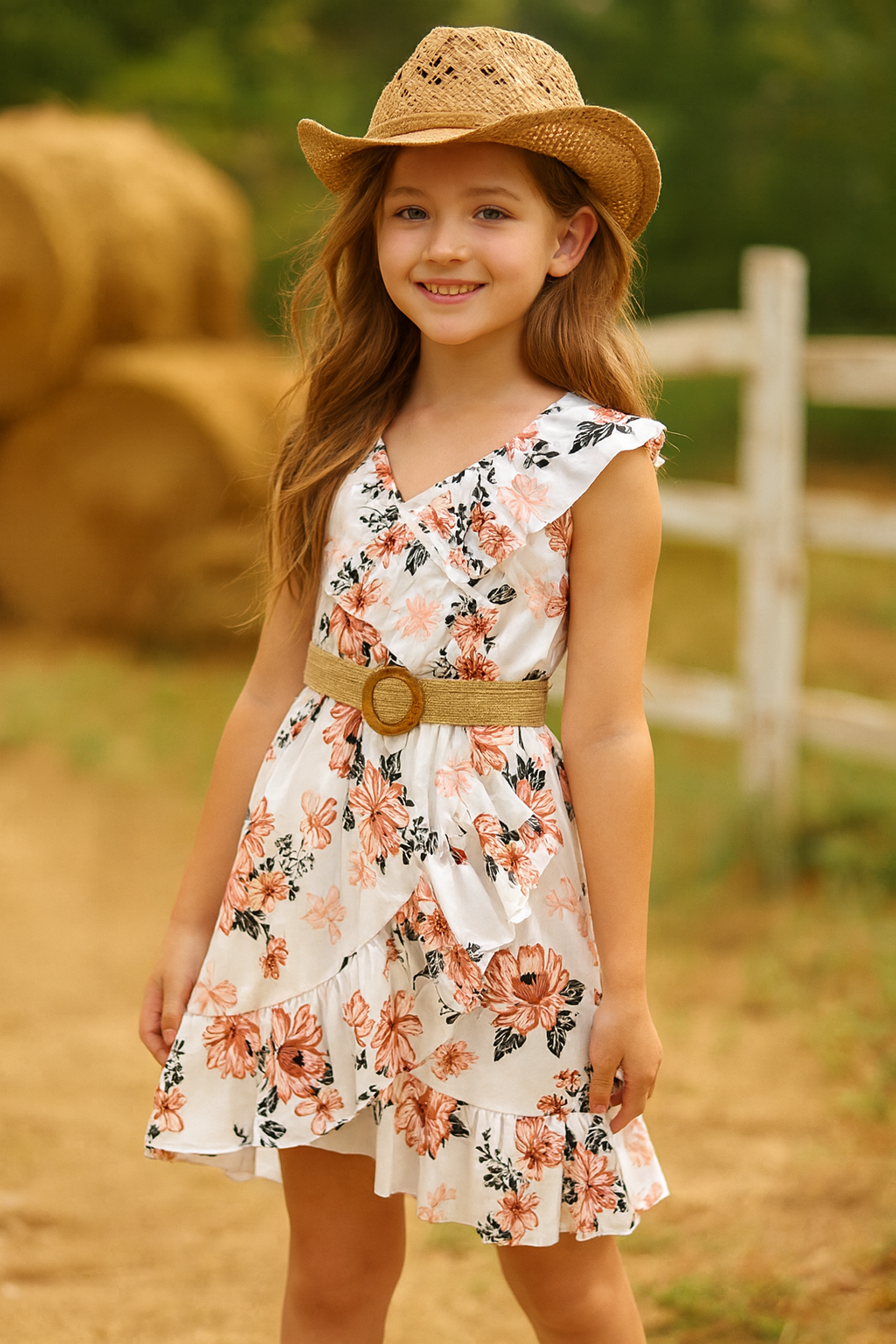 Girls' Floral Ruffle Summer Dress With Belt