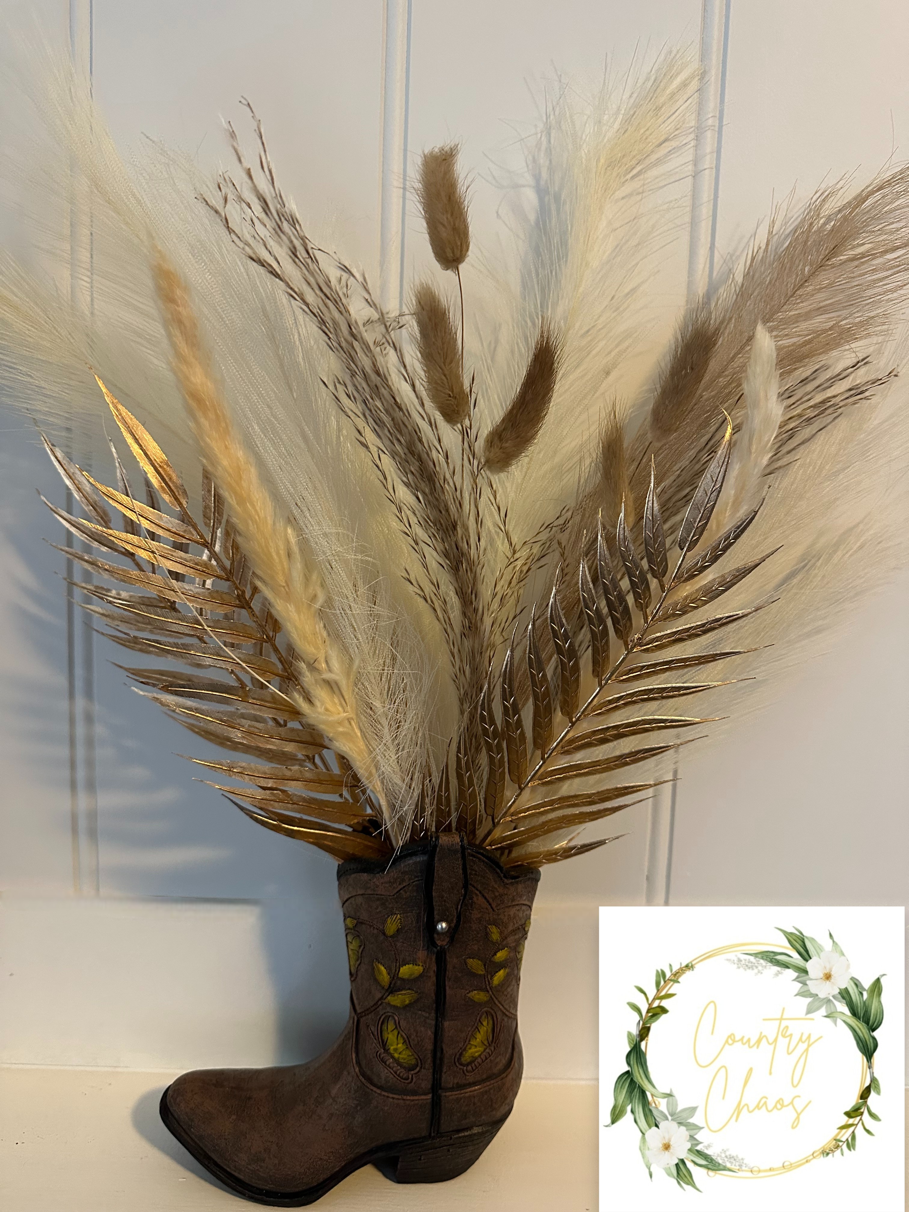 Cowboy Boot Floral Vase With Floral Arrangement