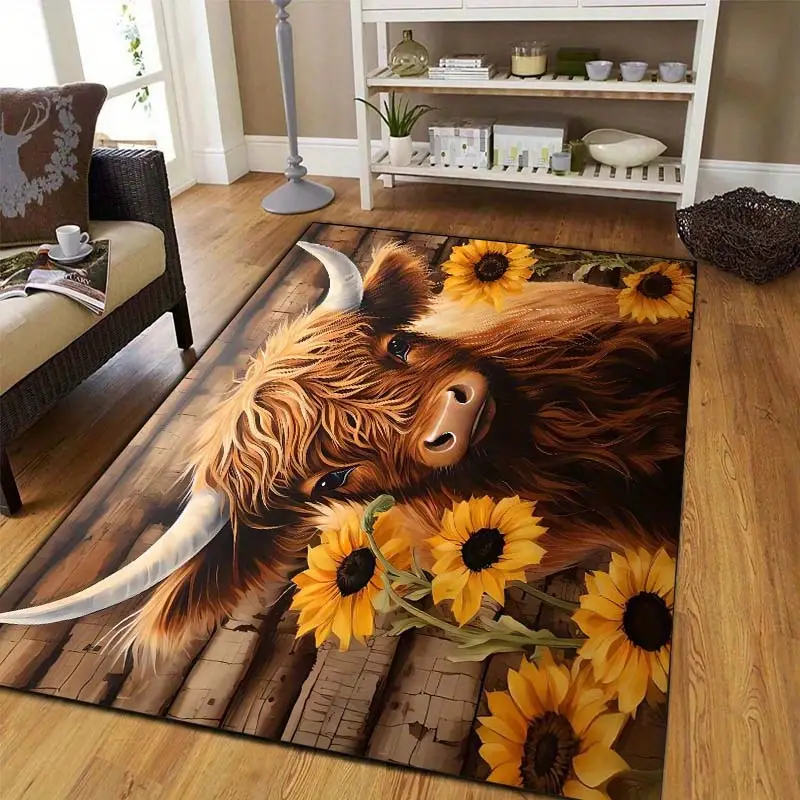 Highland Cow and Sunflowers Area Rug